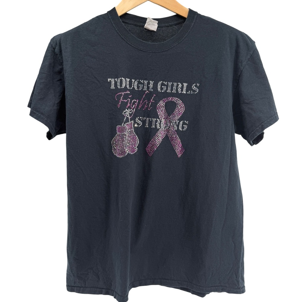 Tough Girls Fight Strong Rhinestone Graphic T-Shirt Breast Cancer Awareness